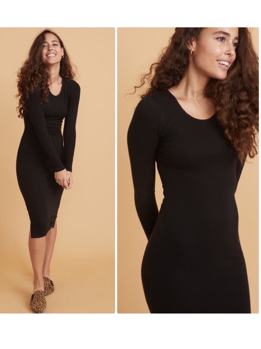 Marine Layer Lexi Midi Dress Long Sleeve Ribbed Bodycon Stretch Knit Black Large